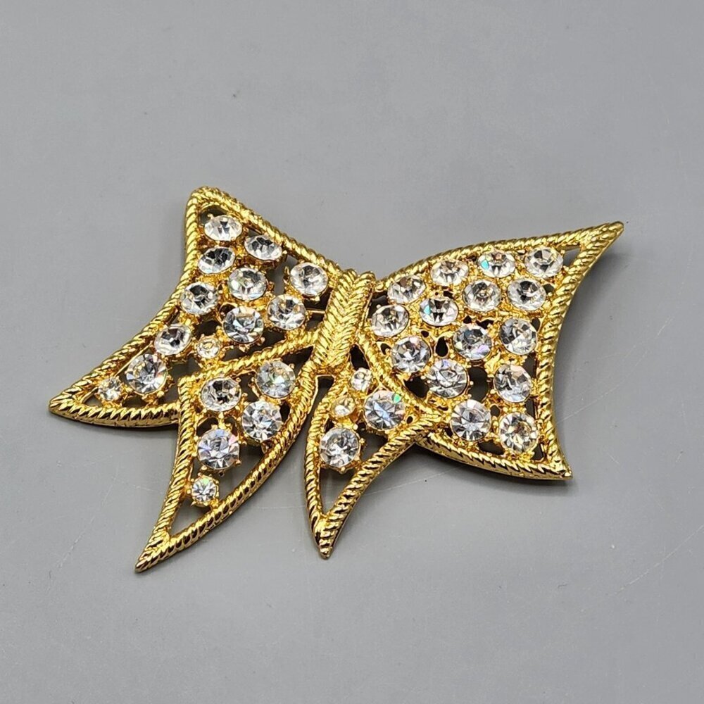 Flat Bow Brooch Pin Costume Jewelry Gold Tone Clear Stones Holiday Gift Xmas